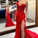 Mandel|Red One-Shoulder 3D Floral Lace Pleated Long Gown with Slit