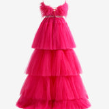 Marie| Fuchsia A-line High-Low Strapless Ruffled Tulle Prom Dress with Feathers