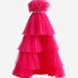 Marie| A-line High-Low Strapless Ruffled Tulle Prom Dress with Feathers