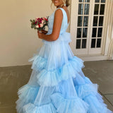 Marin | Sky Blue V Neck Ruffles A-line Tulle Prom Dress