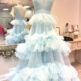 Marin | Sky Blue V Neck Ruffles A-line Tulle Prom Dress