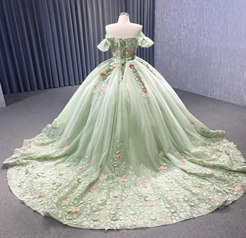 Light Green Off The Shoulder Lace Up Back Ball Gown Quinceanera Dress