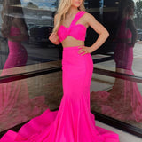 Maven | Hot Pink Two Piece One Shoulder Satin Mermaid Prom Dress