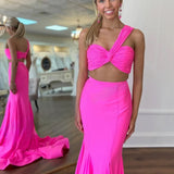 Maven | Hot Pink Two Piece One Shoulder Satin Mermaid Prom Dress