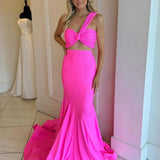 Maven | Hot Pink Two Piece One Shoulder Satin Mermaid Prom Dress