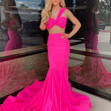 Maven | Hot Pink Two Piece One Shoulder Satin Mermaid Prom Dress