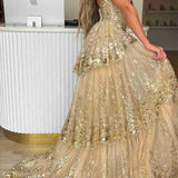 Merlin | Gold Sweetheart A-Line Lace Long Prom Dress With Split