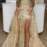 Merlin | Gold Sweetheart A-Line Lace Long Prom Dress With Split