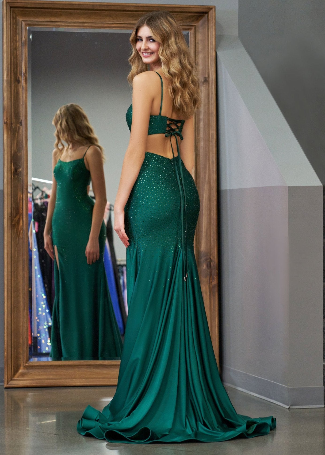 Emelia |Mermaid Spaghettti Strap Beaded Satin Prom Dress with Slit