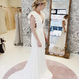 Mermaid V-Neck Cap Sleeves Backless Wedding Dress with Ruffles