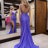 Lunarise | Mermaid V Neck Purple Satin Long Prom Dresses with Beading