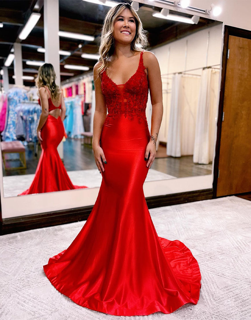 Leila |Mermaid Deep V Neck Satin Long Prom Dress with Appliques