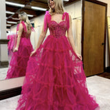 Michaella | Fuchsia A Line Sweetheart Tiered Tulle Long Prom Dresses