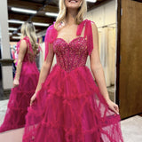 Michaella | Fuchsia A Line Sweetheart Tiered Tulle Long Prom Dresses