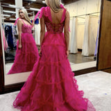 Michaella | Fuchsia A Line Sweetheart Tiered Tulle Long Prom Dresses