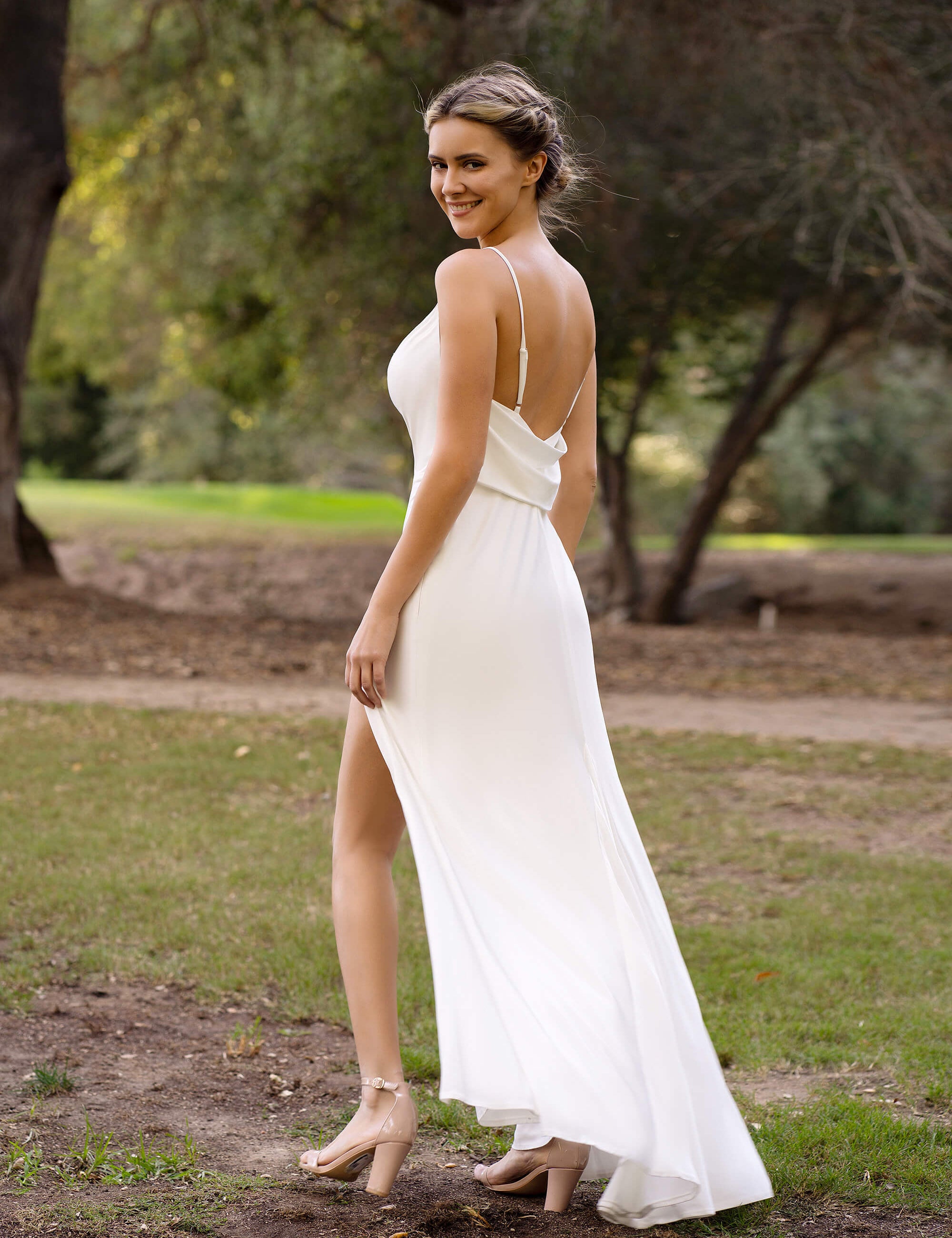 Ivory Spaghetti Straps Slip Bridesmaid Dress with Open Back and Slit