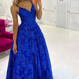 Mikaela | Royal Blue Sequin Lace V-Neck A-Line Long Prom Dress