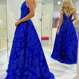 Mikaela | Royal Blue Sequin Lace V-Neck A-Line Long Prom Dress