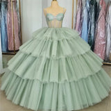 Sage Green  Luxury Tiered Tulle Ruffles Beaded Ball Gown Quinceanera Dress