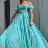 Off-Shoulder A-line Chiffon Applique Lace-Up Long Prom Dress