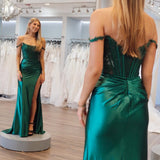 Moonlit | Emerald Satin Off-the-Shoulder Mermaid Long Formal Dress with Slit