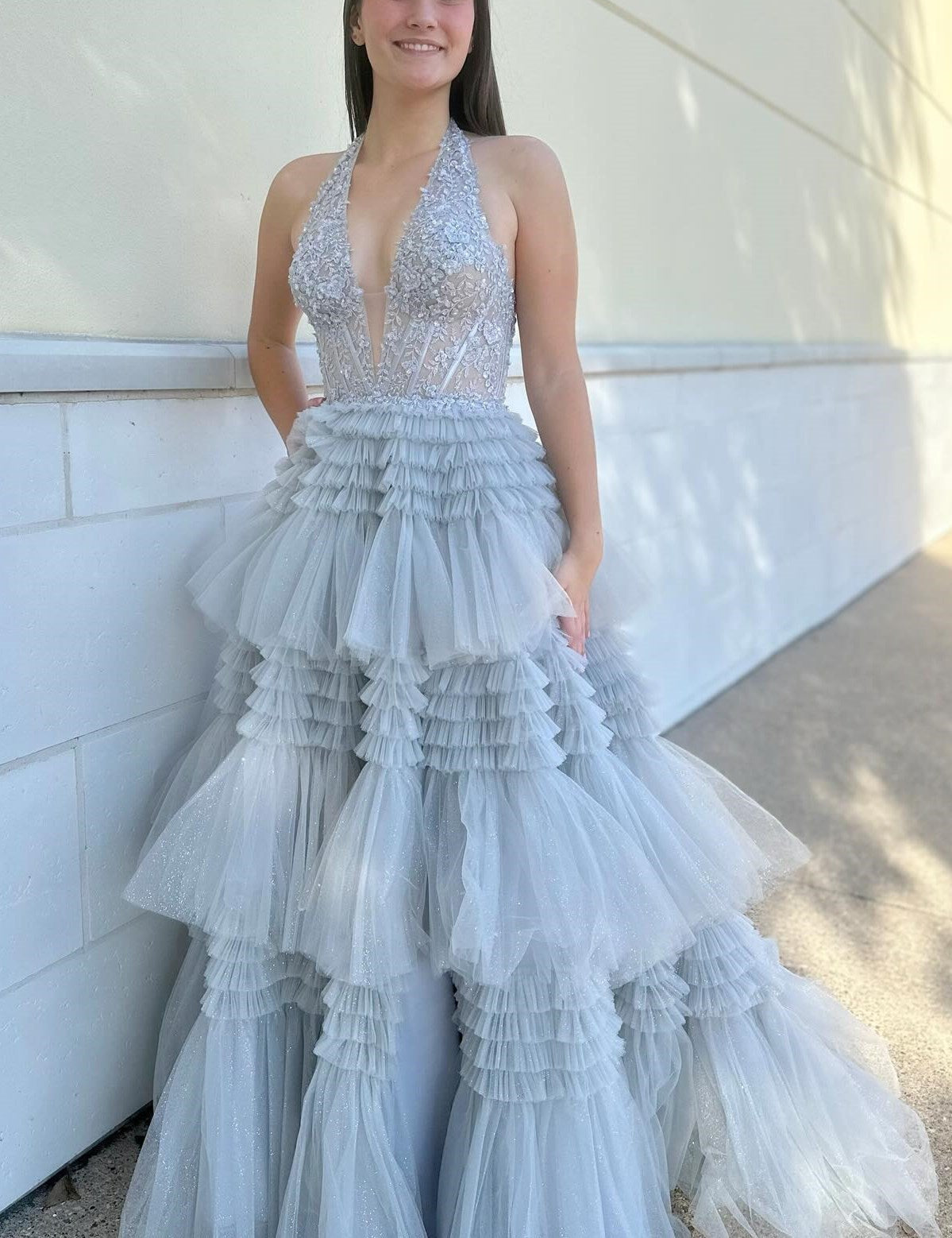 Morton|Red Tulle Appliques Halter Ruffle Tiered Ball Gown