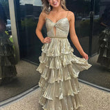 Murray | Sweetheart Spaghetti Straps Tiered A-Line Metallic Prom Dress