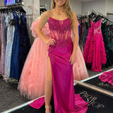 Myki | Fuchsia Strapless Satin Mermaid Long Prom Dresses with Slit