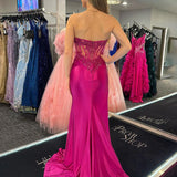 Myki | Fuchsia Strapless Satin Mermaid Long Prom Dresses with Slit