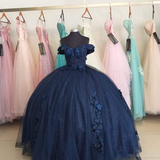 Navy Blue Organza Off The Shoulder Ball Gown Quinceanera Dress