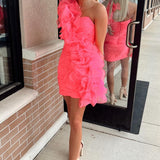 Hot Pink One-Shoulder Ruffle Short Homecoming Dress