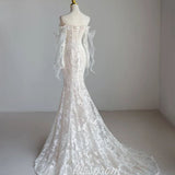 Lace Mermaid Covered-Button Long Sleeve Train Wedding Dress