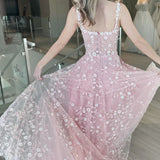 Odalys | Pink A Line Tulle Prom Dress With Floral Appliques