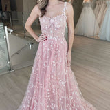 Odalys | Pink A Line Tulle Prom Dress With Floral Appliques