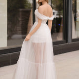 Off Shoulder A-Line Tulle Ivory Prom Dress