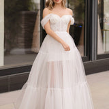 Off Shoulder A-Line Tulle Ivory Prom Dress