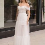 Off Shoulder A-Line Tulle Ivory Prom Dress