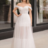 Off Shoulder A-Line Tulle Ivory Prom Dress