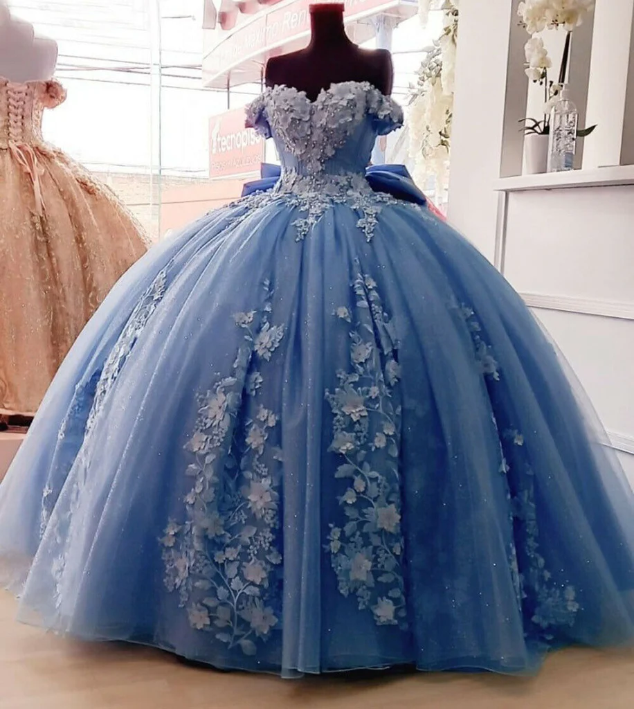 Off Shoulder Ball Gown Quinceanera Dresses 3D Floral Applique Gowns