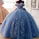 Off Shoulder Ball Gown Quinceanera Dresses 3D Floral Applique Gowns