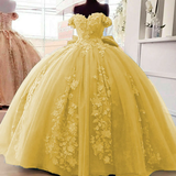 Off Shoulder Ball Gown Quinceanera Dresses 3D Floral Applique Gowns