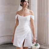 Off-the-Shoulder Short Satin Cowl Neck Simple Formal Wedding Dress With Slit