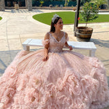 Off Shoulder V Neckline Flower Quinceanera Dresses Sparkly Prom Dresses