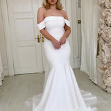 Off the Shoulder Ivory Satin Mermaid Wedding Dress