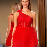 Maelie | One Shoulder Red Lace Corset Ruffle Short Homecoming Dress