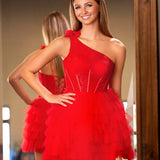 Maelie | One Shoulder Red Lace Corset Ruffle Short Homecoming Dress