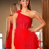 Maelie | One Shoulder Red Lace Corset Ruffle Short Homecoming Dress