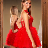 Maelie | One Shoulder Red Lace Corset Ruffle Short Homecoming Dress