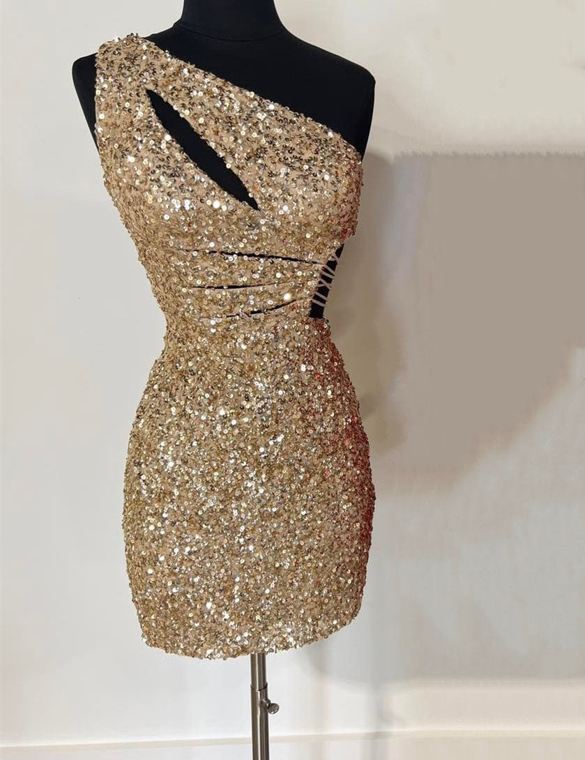 Frankie | One Shoulder Gold Cutout Sequin Tight Homecoming Dress