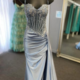 Paddy | Silver Spaghetti Straps Mermaid Appliqued Prom Dress With Split